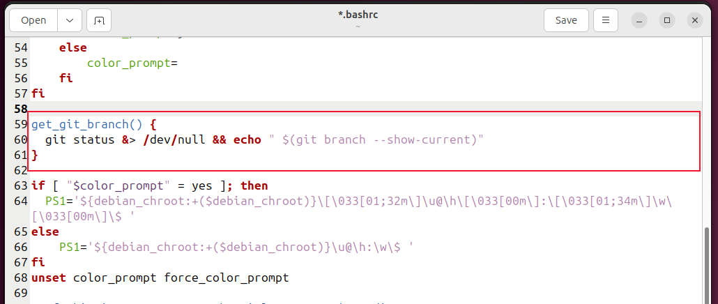 The get_git_branch function added to the .bashrc file.