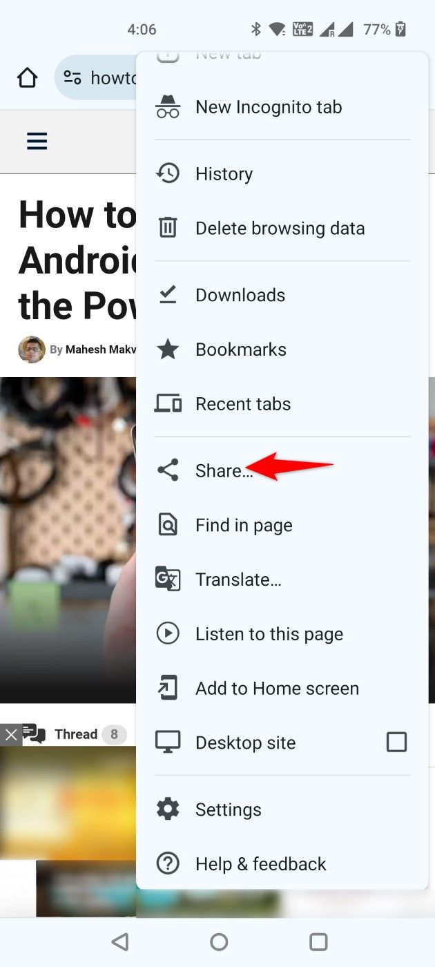 'Share' highlighted in Chrome's three-dot menu.