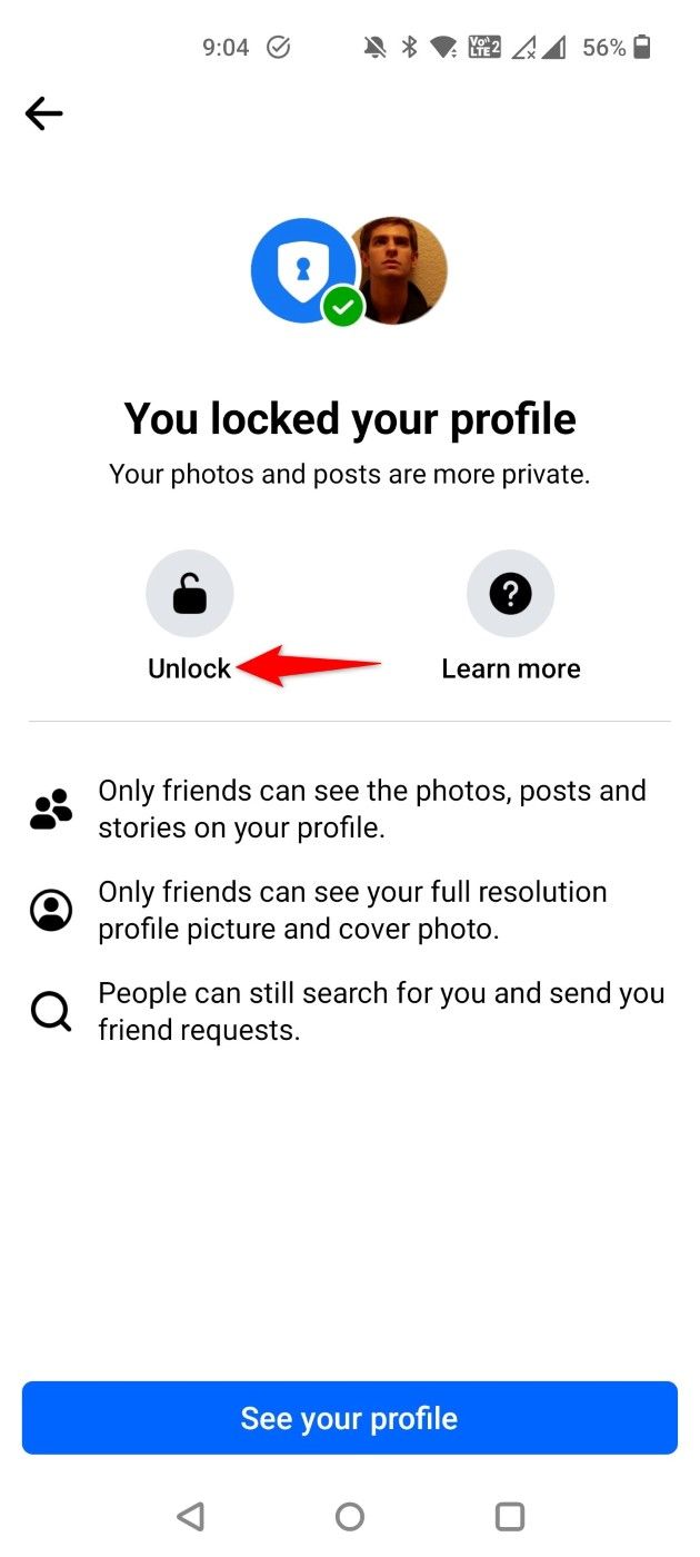 'Unlock' highlighted for a Facebook profile.