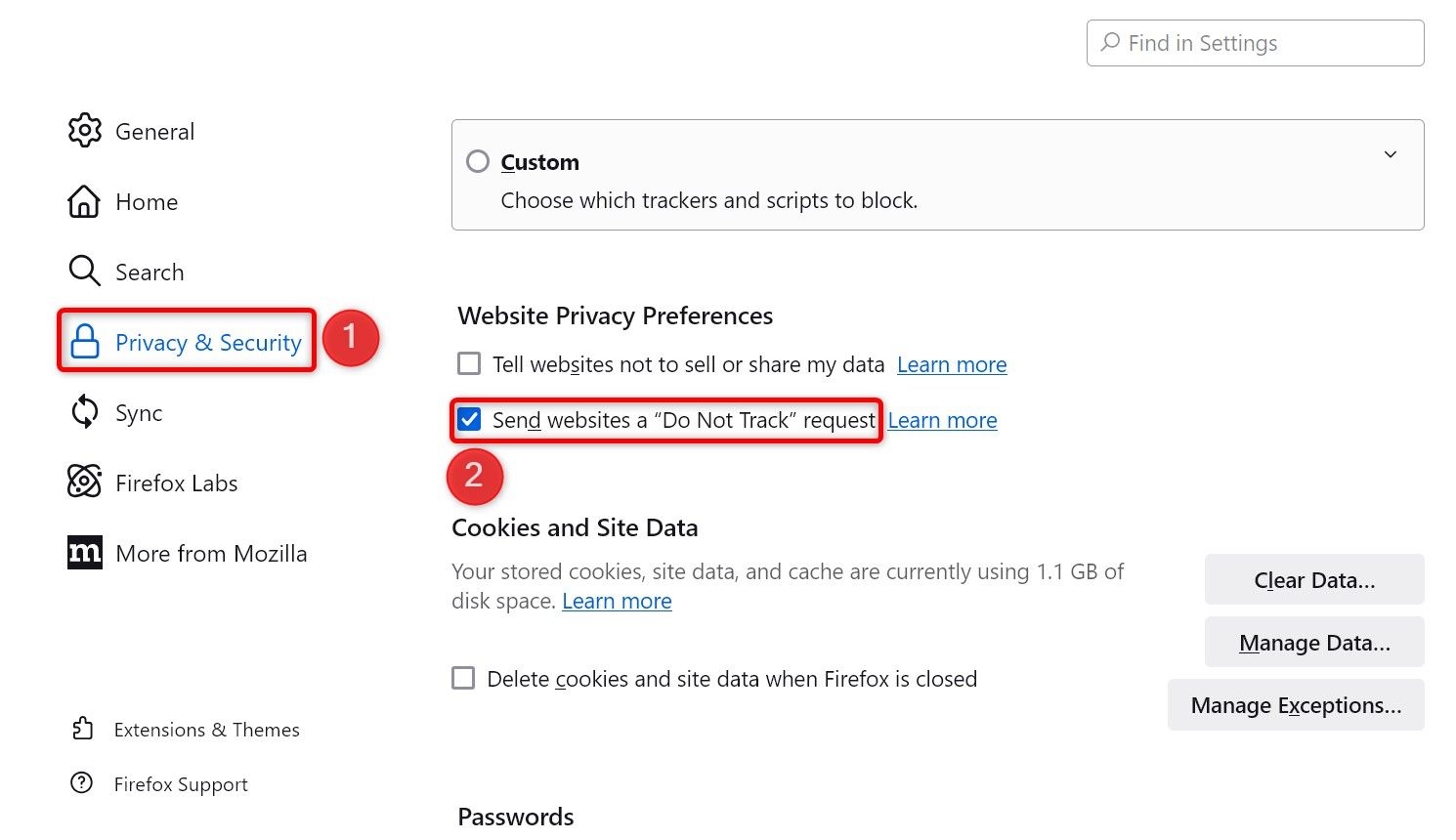 'Privacy & Security' and 'Send Websites a Do Not Track Request' highlighted in Firefox Settings.