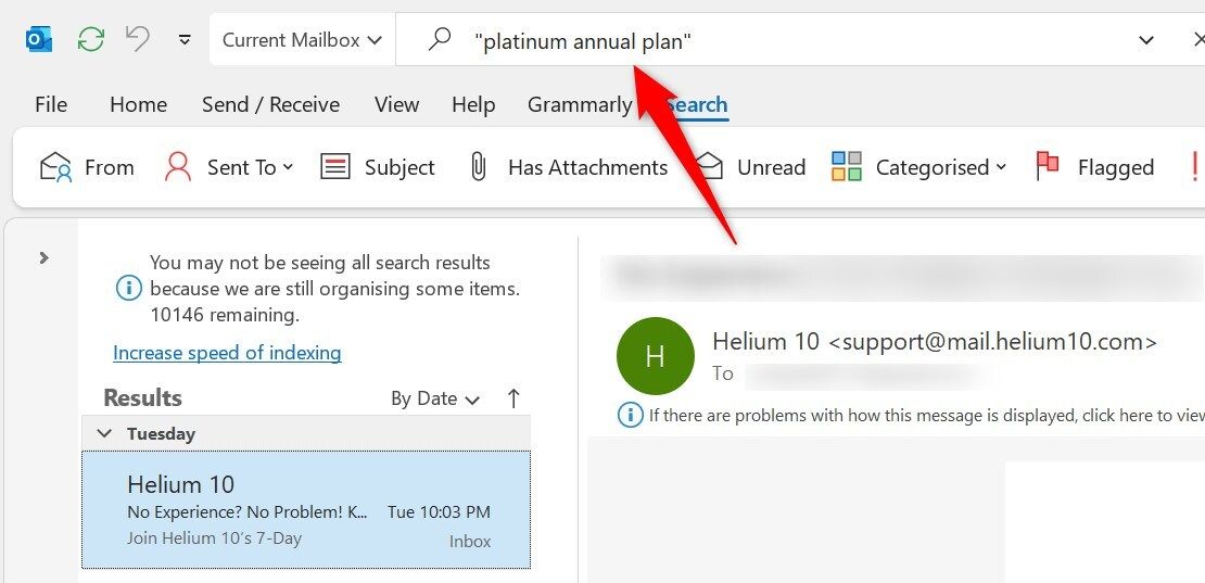 Searching for emails using a targeted key phrase in Outlook.