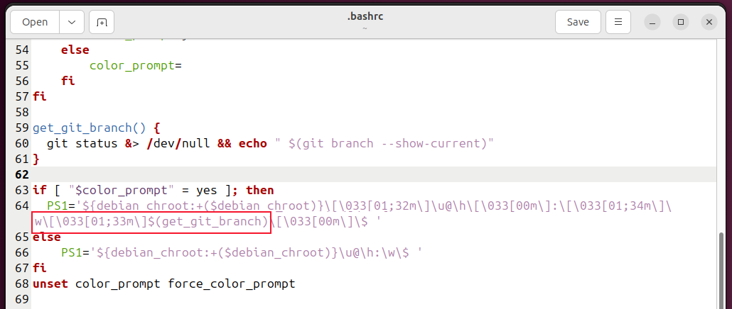 The ASCII color code and function call inserted into the command prompt definition.