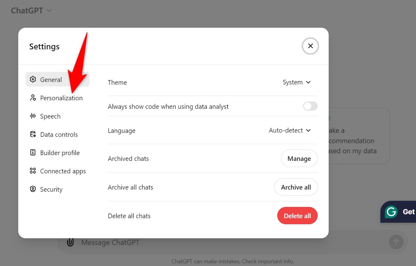 'Personalization' highlighted in ChatGPT Settings.