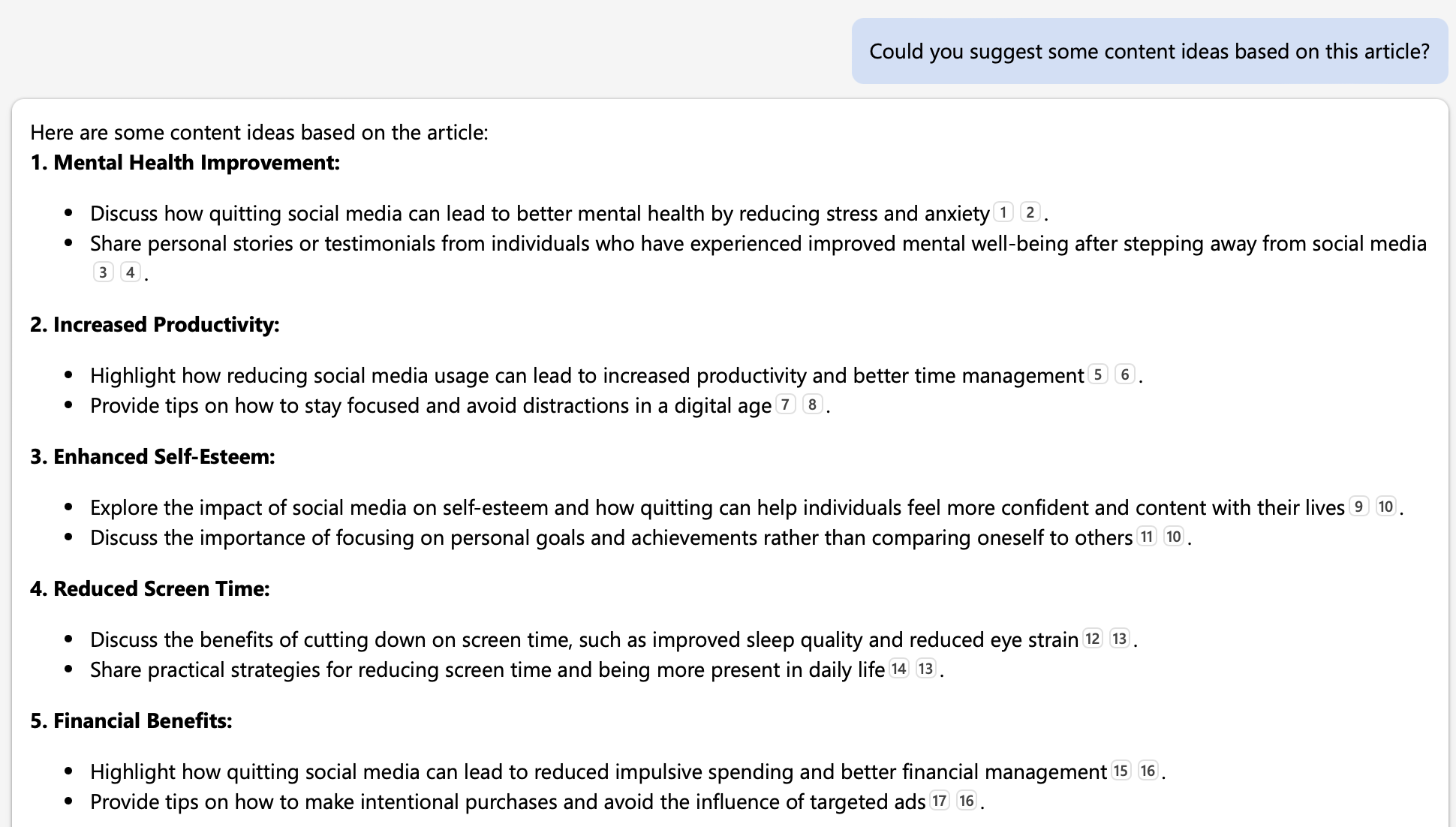 Copilot generating some content ideas based on an article.