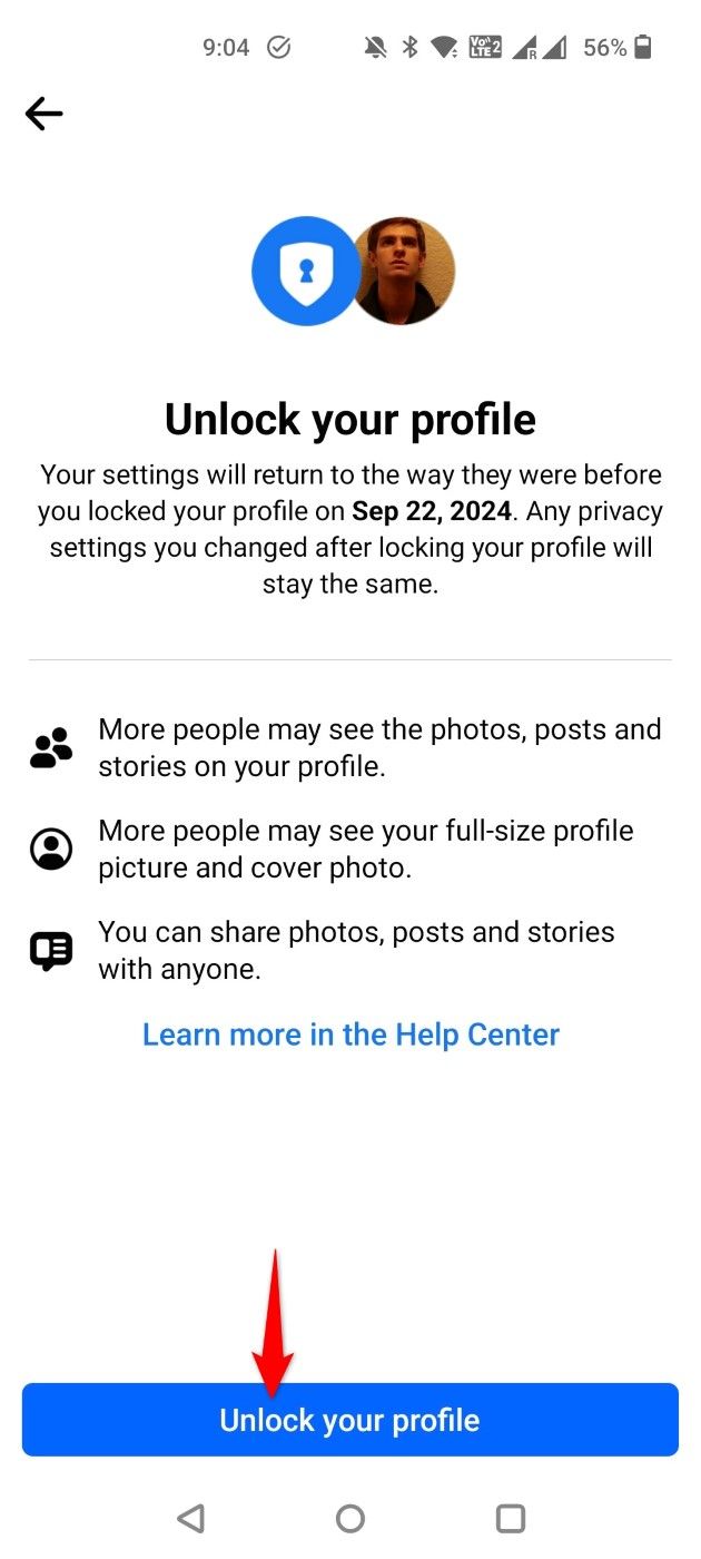 'Unlock Your Profile' highlighted for a Facebook profile.