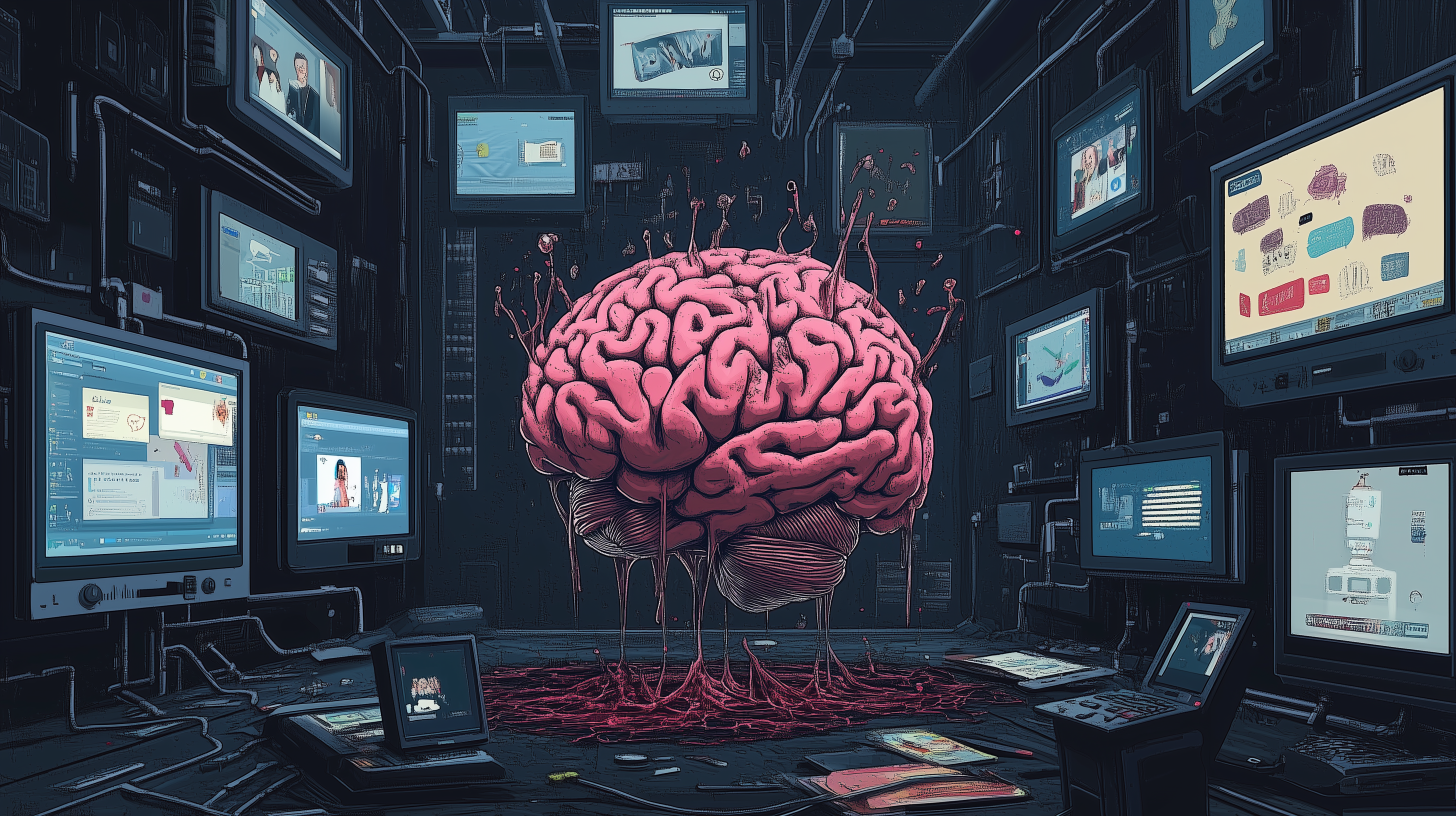 A brain falling apart as it's surrounded by screens