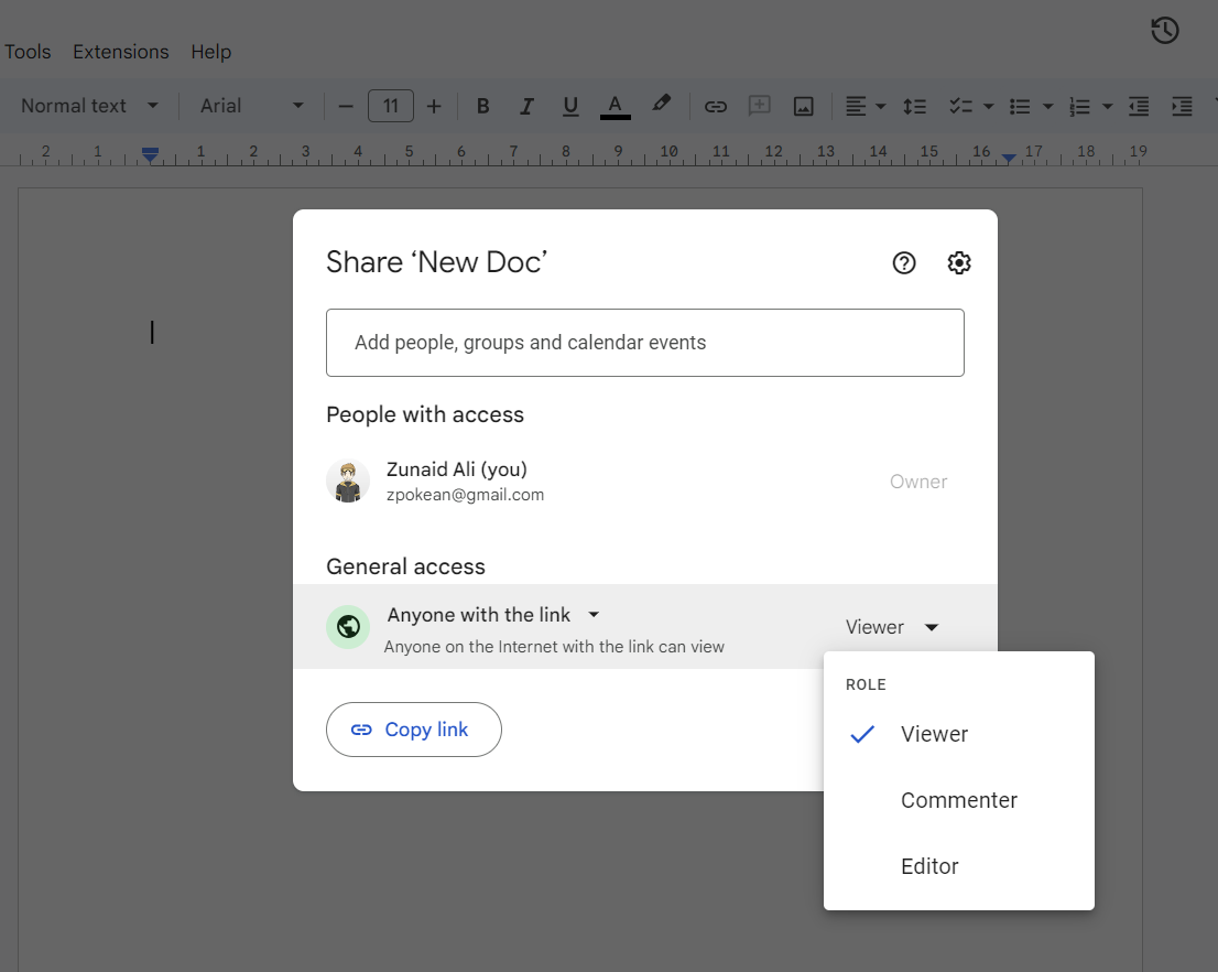 A document shared with others via a link in Google Docs.