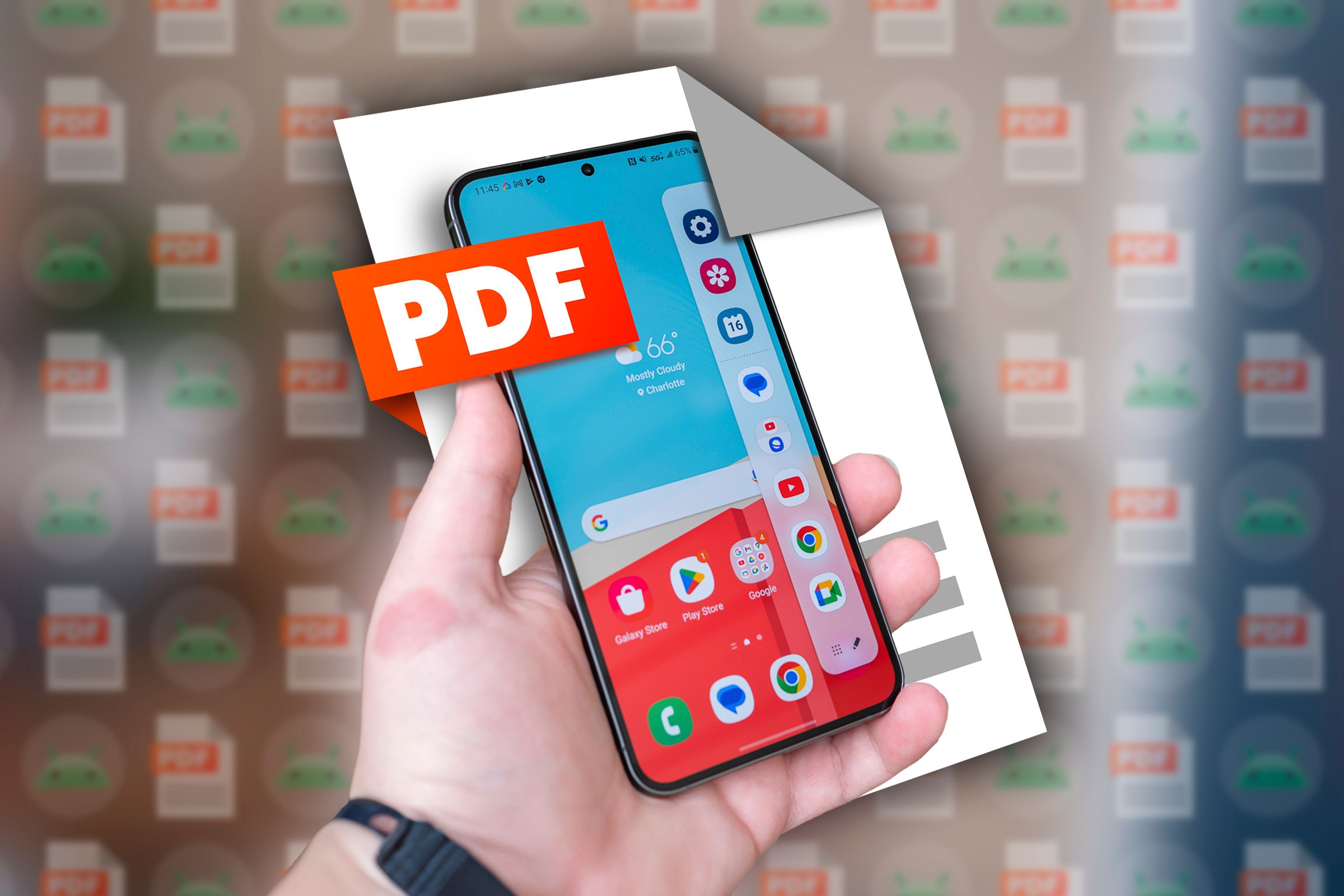 A hand holding a phone with a PDF file icon behind it.