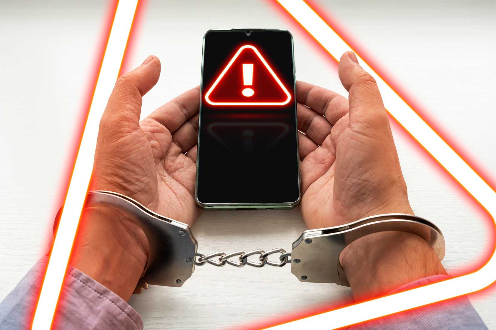 Una mano esposada que sostiene un teléfono celular con un icono de alerta.