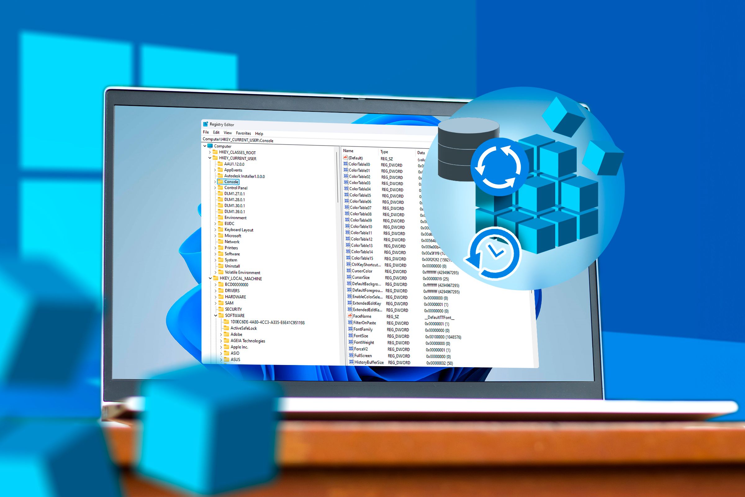 A laptop with the Windows Registry Editor open and a backup restore icon.