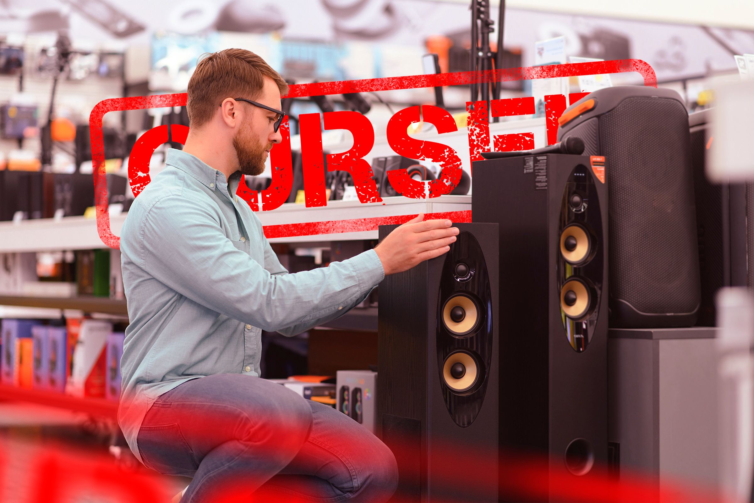 A man choosing a speaker to buy.