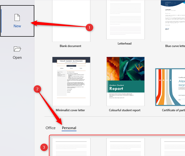 A new Word document window opened, with New and Personal selected, and the templates higlighted beneath.