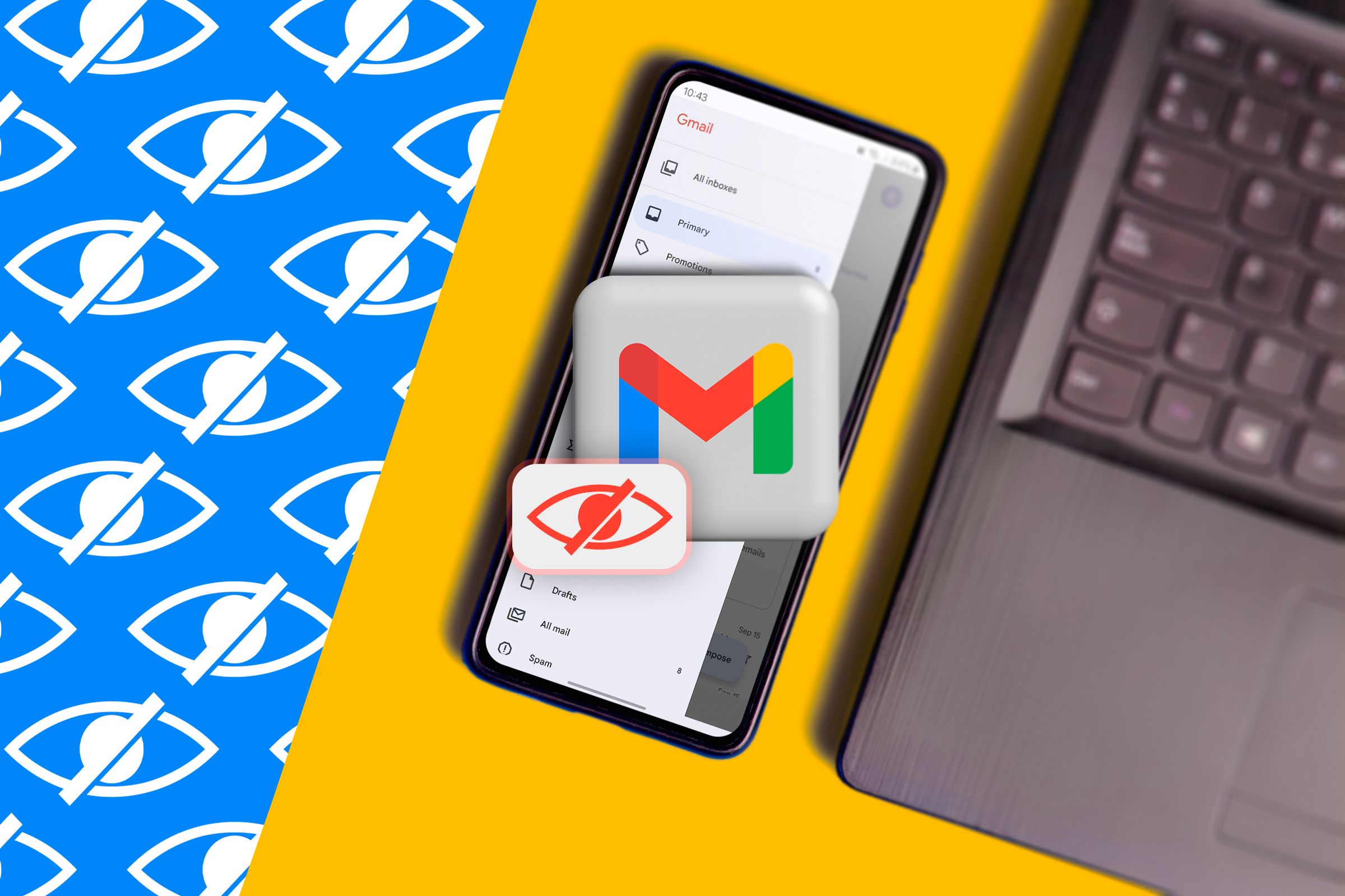 A phone next to a laptop with the Gmail logo and a visibility icon.