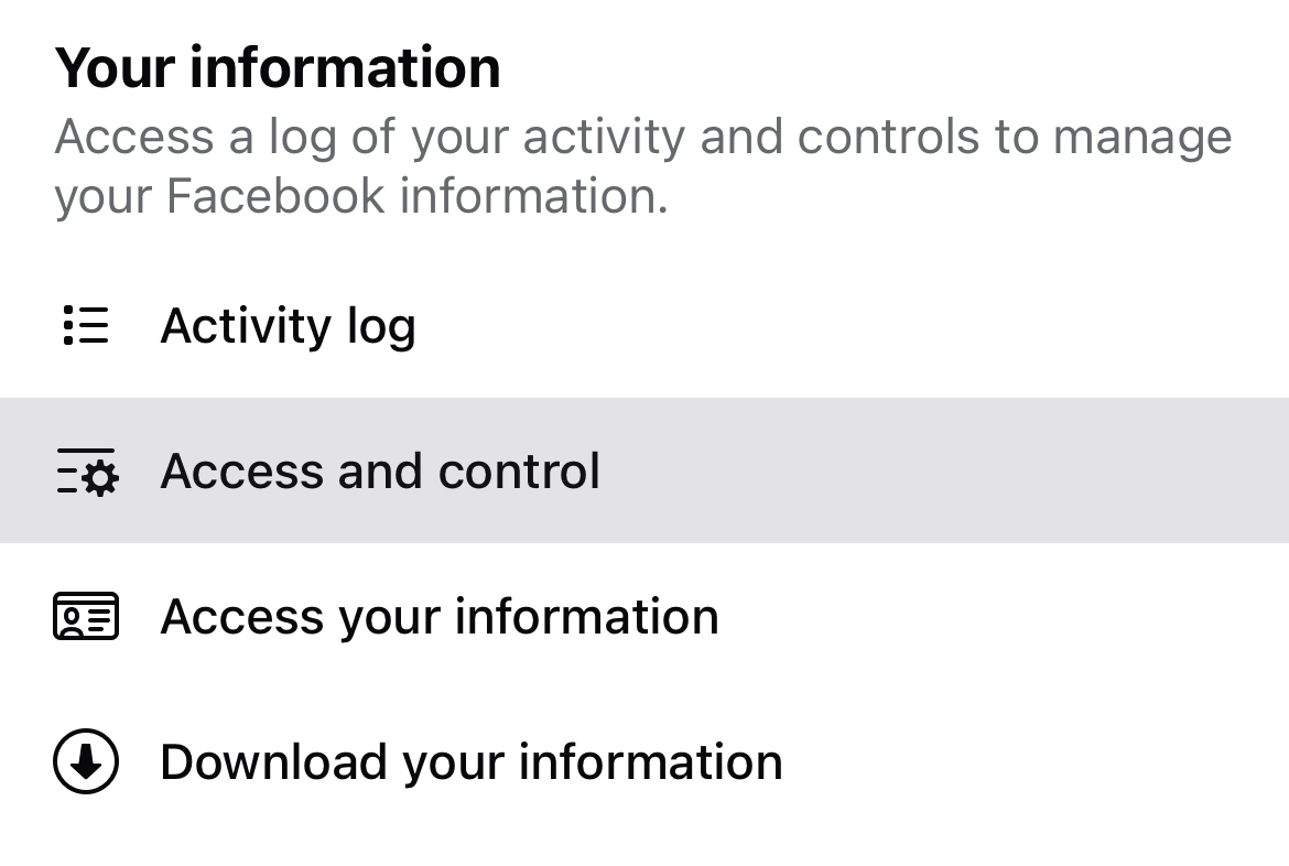 Access and control option on Facebook for iPhone.