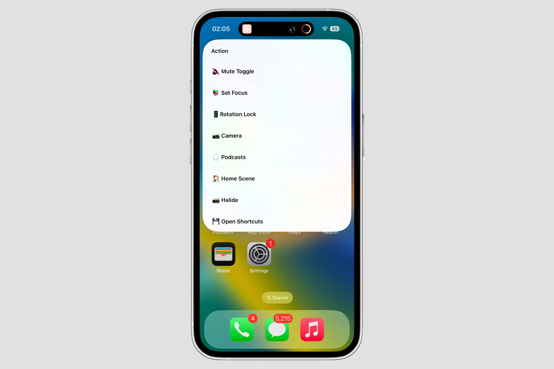 Screengrab of the Action Button menu created using Shortcuts app on iPhone.