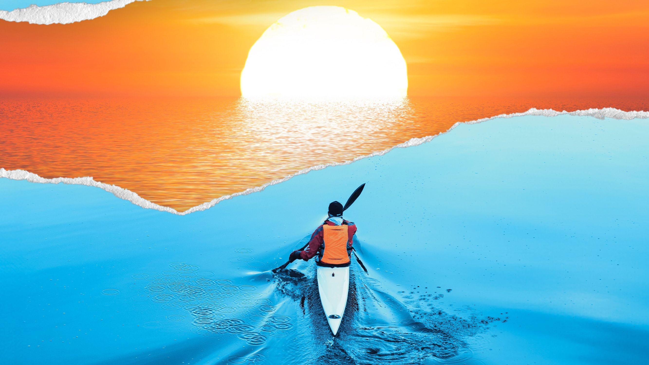 Composition showing a kayakist paddling down a blue river, with the background layer depicting a warm sunset in orange hues.