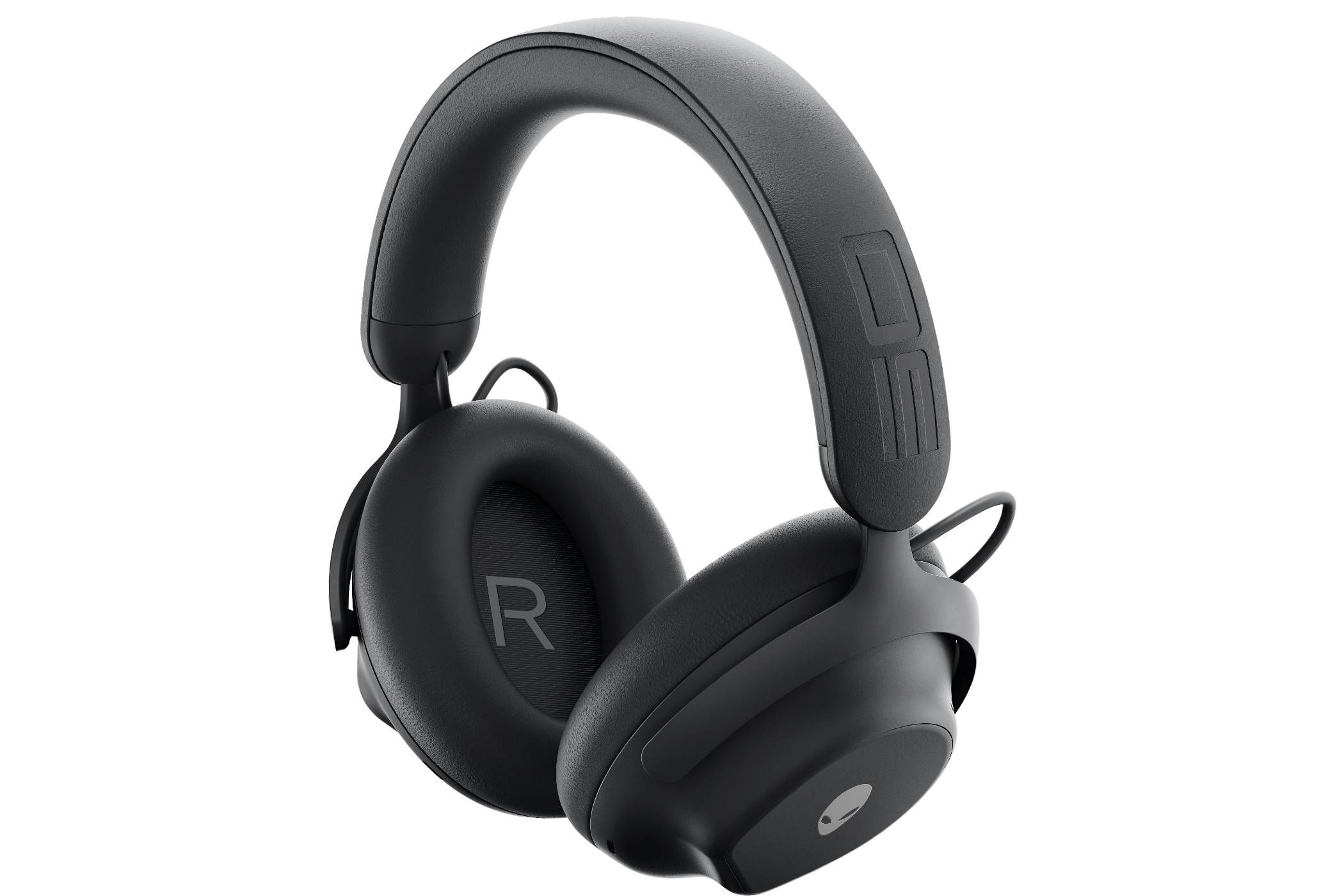 The alienware pro wireless headset with the letter R visible in a one earmuff