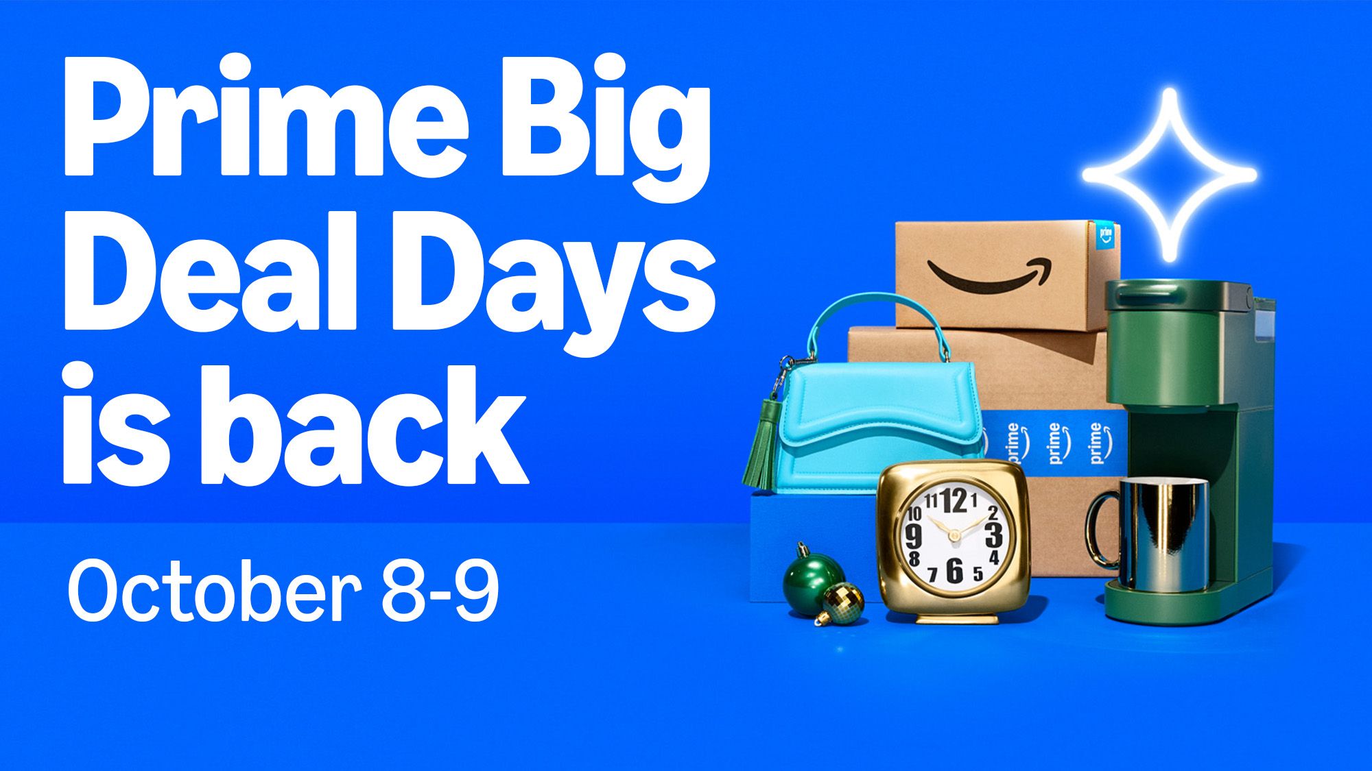 Some packages with a coffee maker, clock, a purse, and jingle bells over a blue background