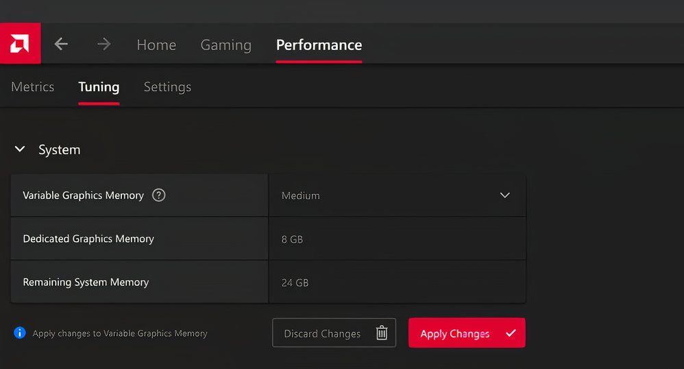 Choosing variable graphics memory in AMD's desktop app.