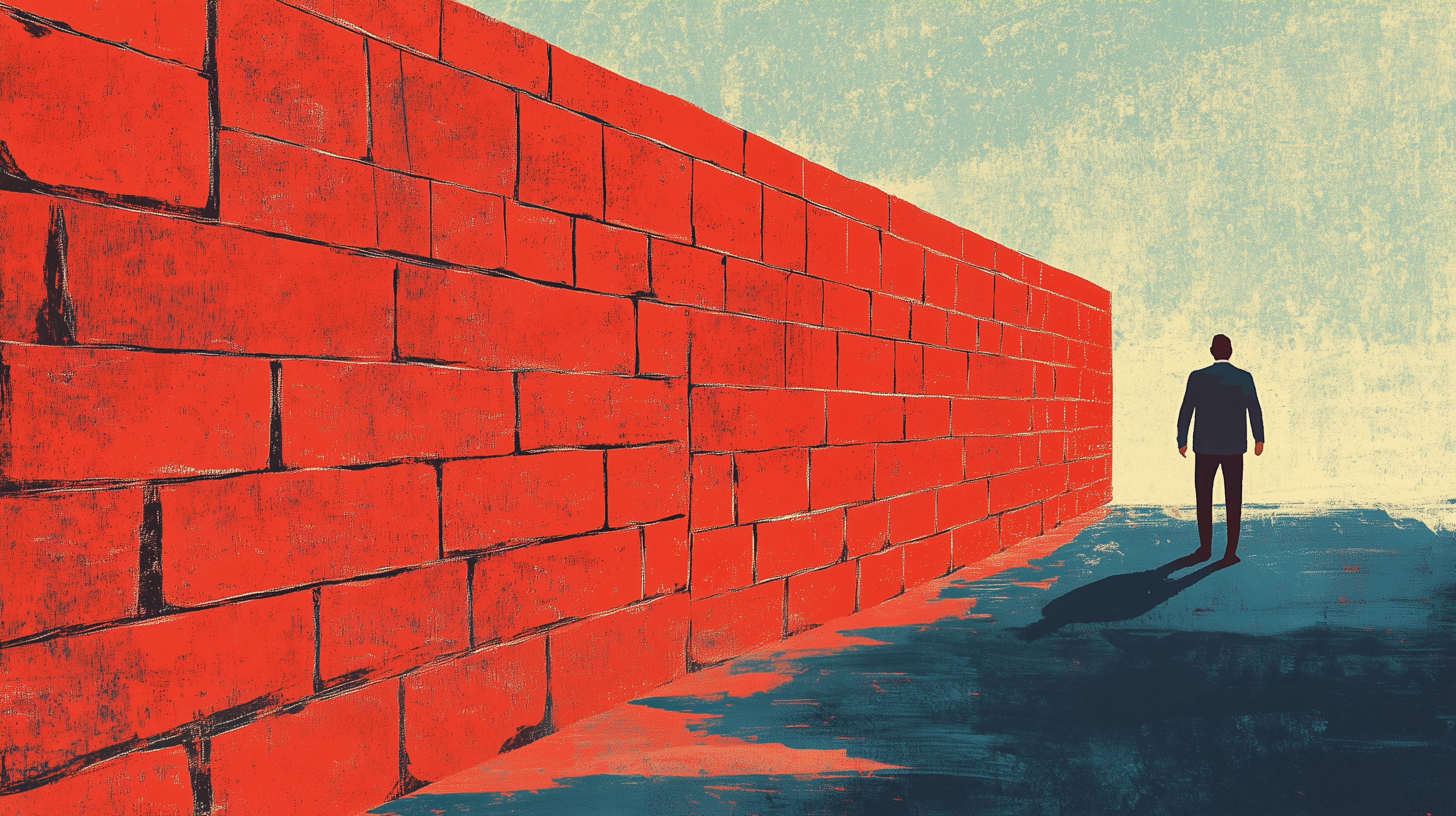An AI-generated painting of a man blocked by a giant red brick wall.