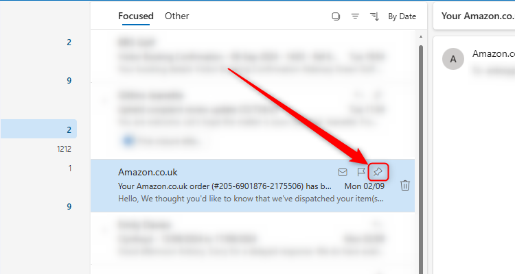 An email in the new Outlook is selected, and the pin icon is highlighted.