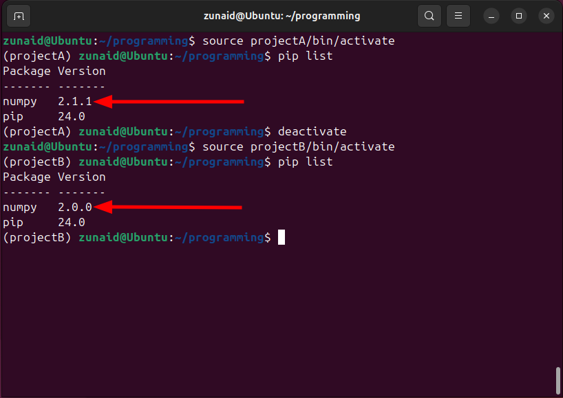 An example of using different versions of the NumPy package on different projects using Virtual Envronments on Linux.