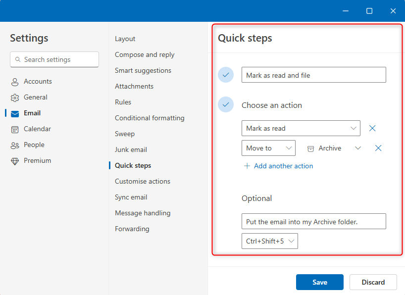 An example Quick Step in the new Outlook for Windows.