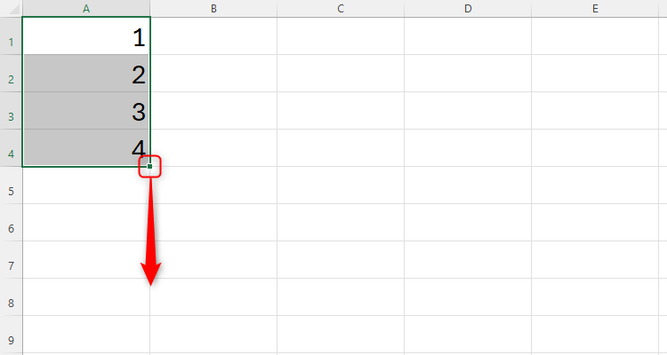 An Excel fill handle is highlighted with an arrow to indicate that it can be clicked and dragged down the column to continue the sequence.