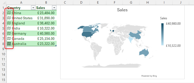 An Excel sheet containing a table and a corresponding map chart. The table contains a country column and a sales column.