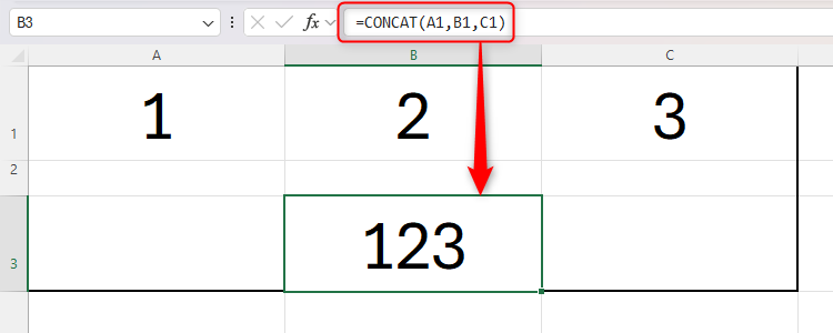 An Excel spreadsheet containing the CONTACT function and the resultant output.