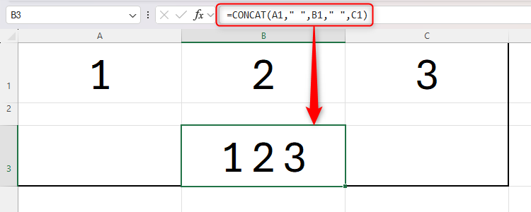 An Excel spreadsheet containing the CONTACT function with spaces and the resultant output.