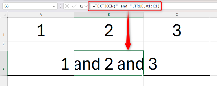 An Excel spreadsheet containing the TEXTJOIN function to add the word 'and' between each argument.