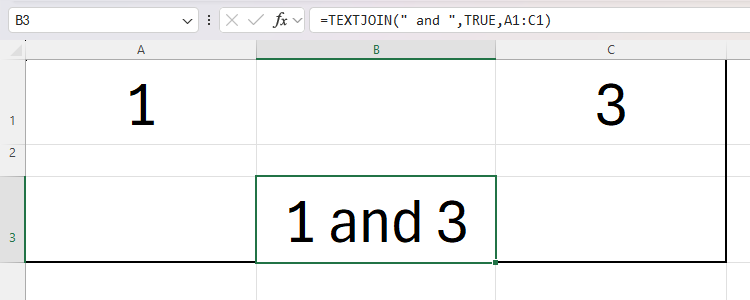 An Excel spreadsheet containing the TEXTJOIN function with spaces excluded.