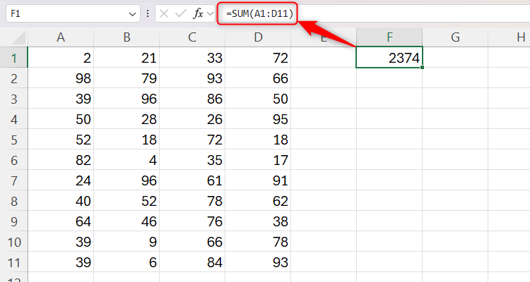 An Excel worksheet containing a formula in cell F1, which is displayed in the formula bar above.