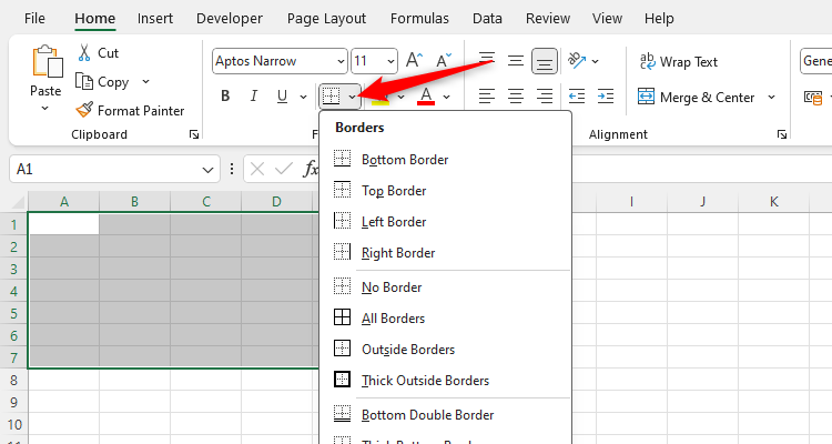 An Excel worksheet with cells selected and the borders menu expanded.