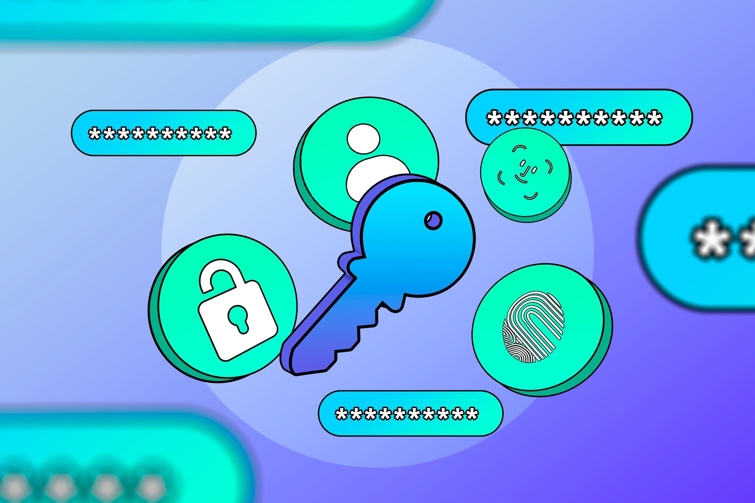 An illustration of a passkey, featuring a key, fingerprint, facial recognition, and password input fields.