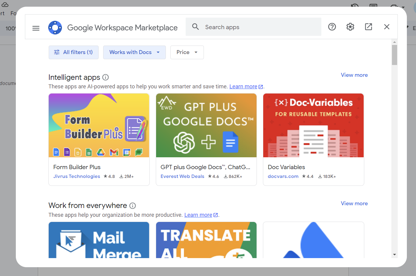 An instance of Google Workspace Marketplace on Google Docs.