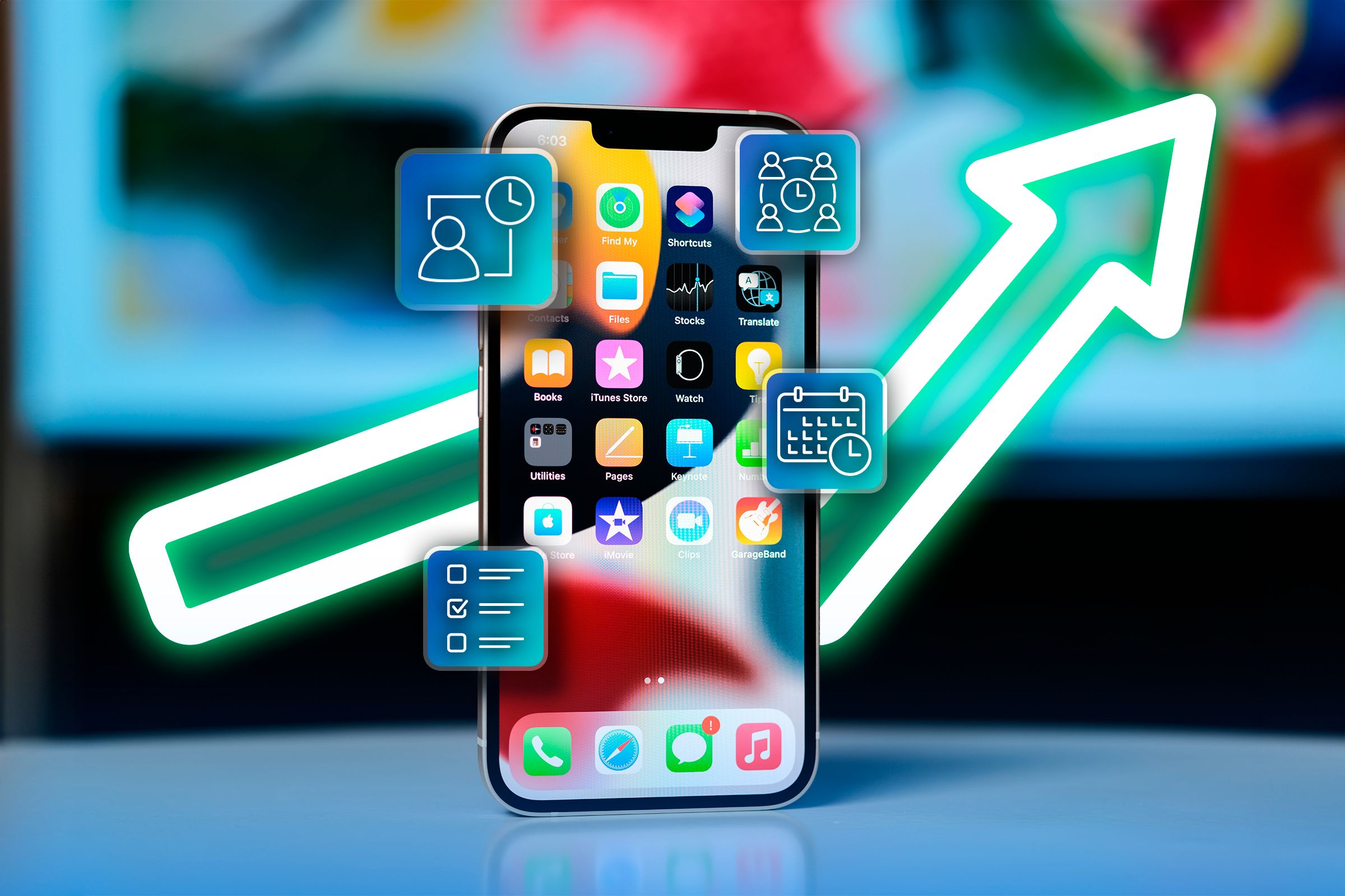 An iPhone on a desk with some productivity icons around it.