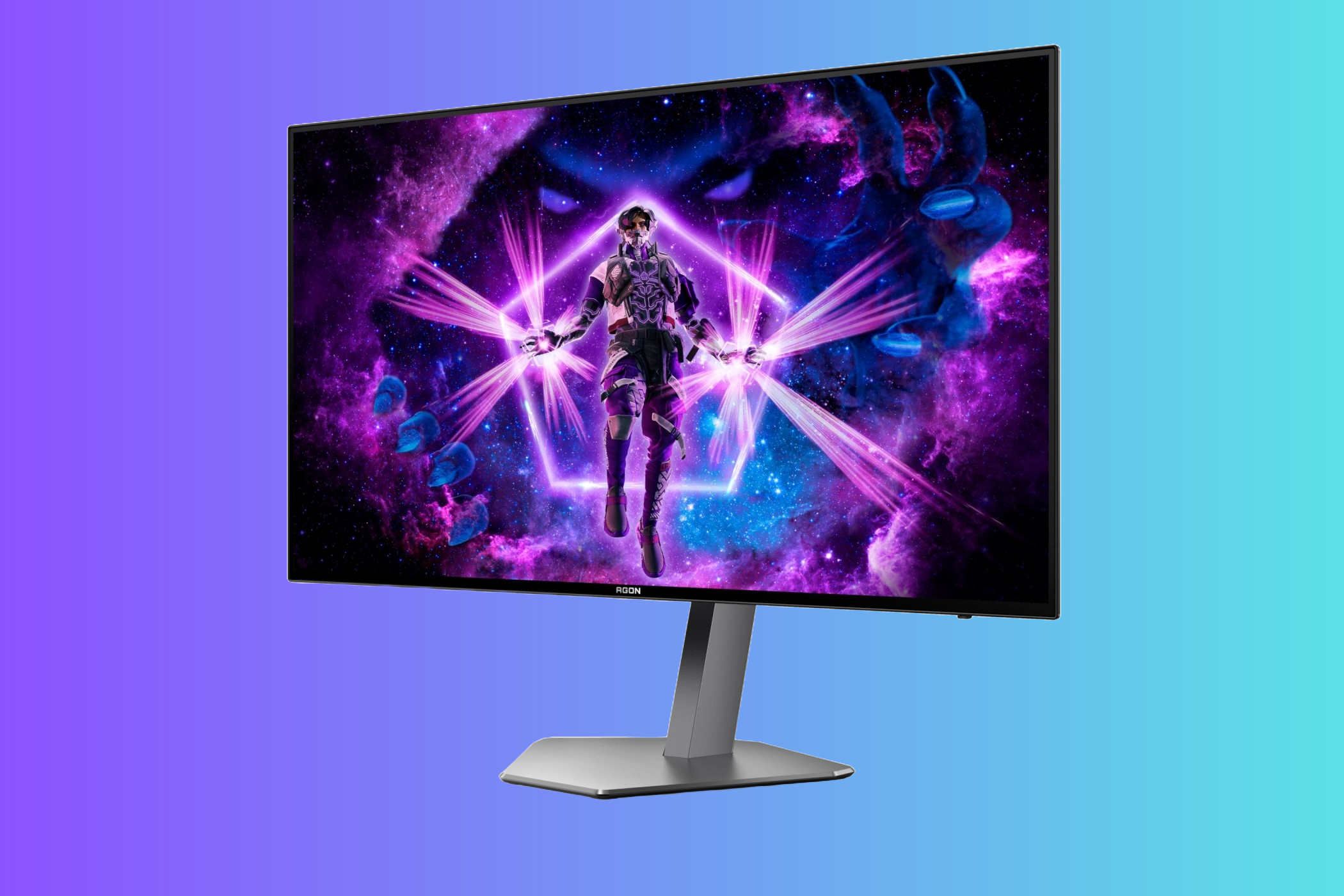 AOC Agon PRO AG276QZD against a lilac and blue background. 