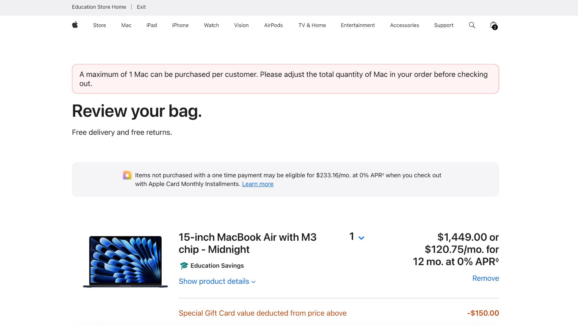 Screenshot showing Apple Education discount limits.