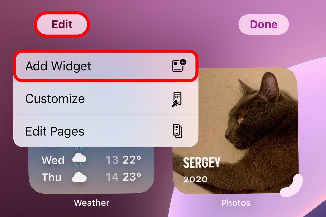 Closeup of the iPhone Home Screen with the annotated Edit button in the top-right corner and the annotated Add Widget option in the menu.