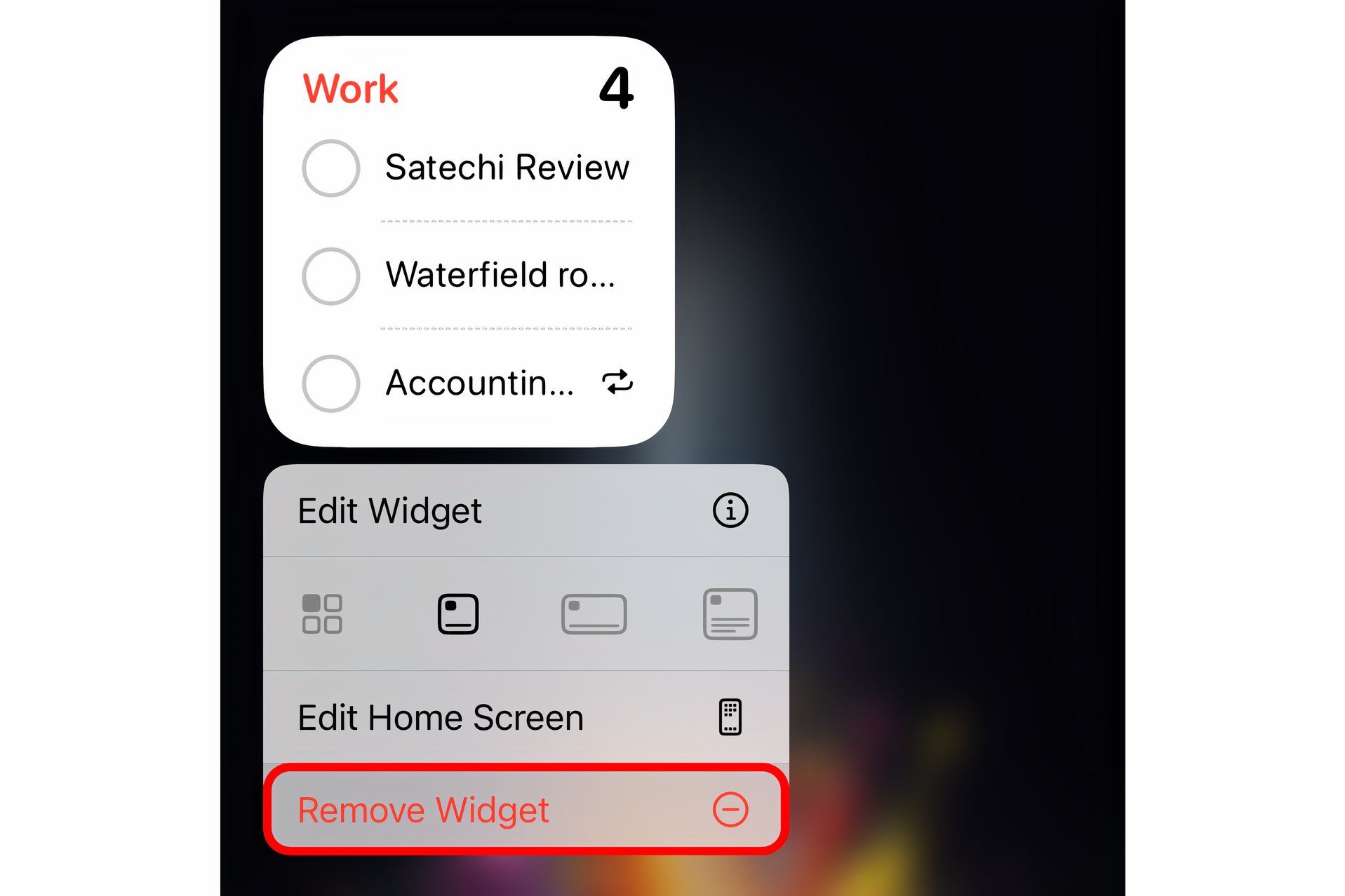 The Apple Reminders widget on an iPhone's Home Screen, with the contextual menu open and the Remove Widget option annotated.