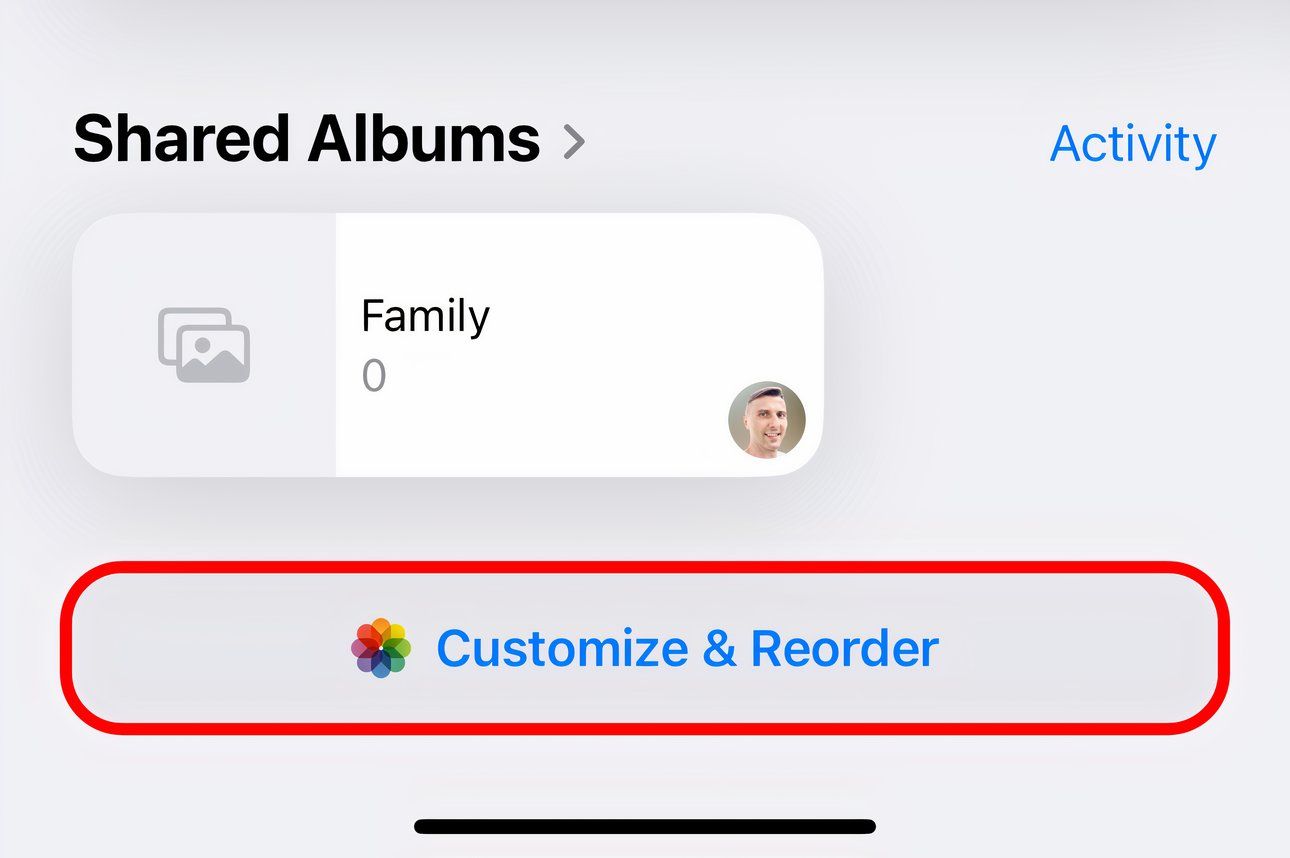 Closeup of the annotated Customize and Reorder button in Photos for iPhone.