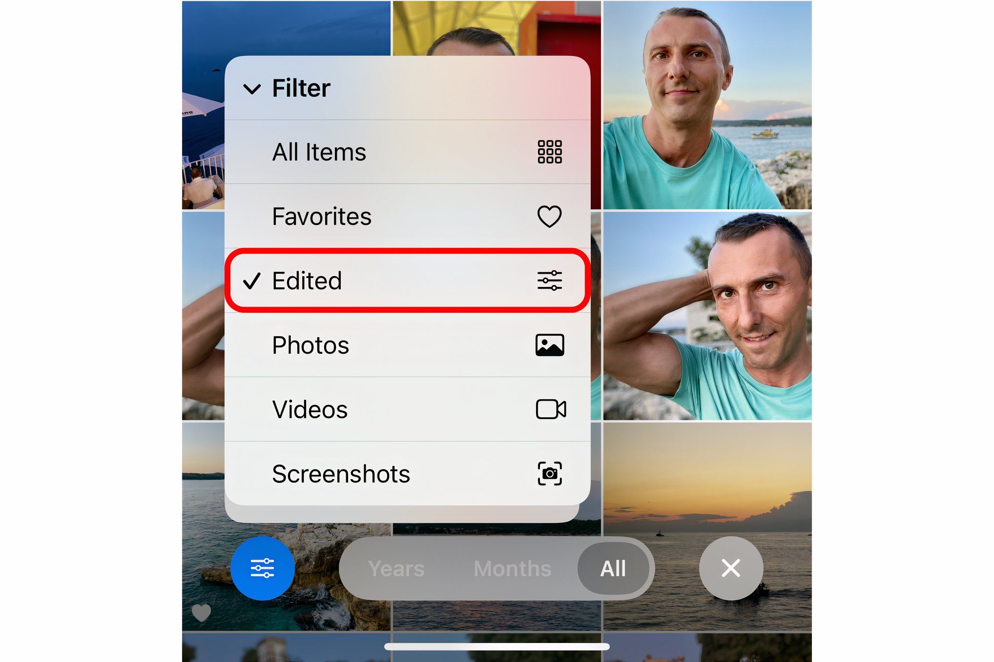 Photos for iPhone with the annotated Edited option in the Filter menu.