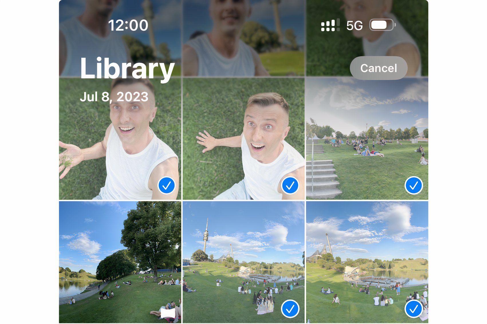 Selecting multiple images in the iPhone's Photos app.