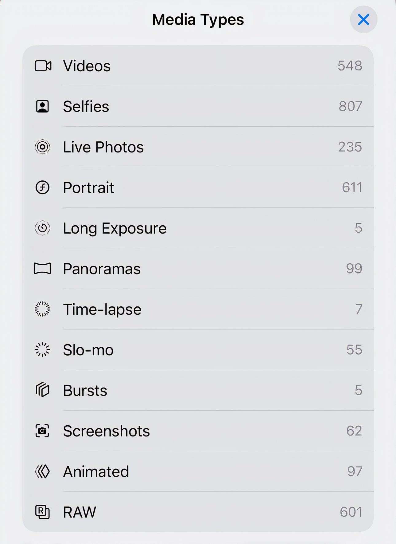 Browsing the Media Types collection in Photos for iPhone.