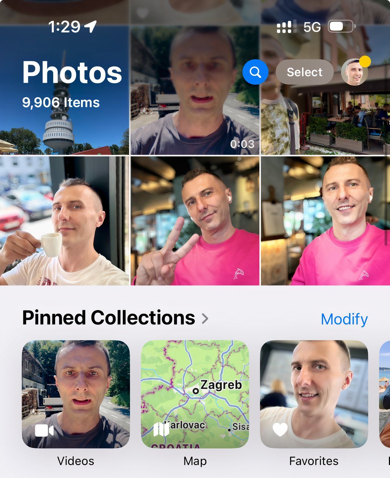 Closeup of Photos for iPhone with the main library and the Pinned Collections section underneath.