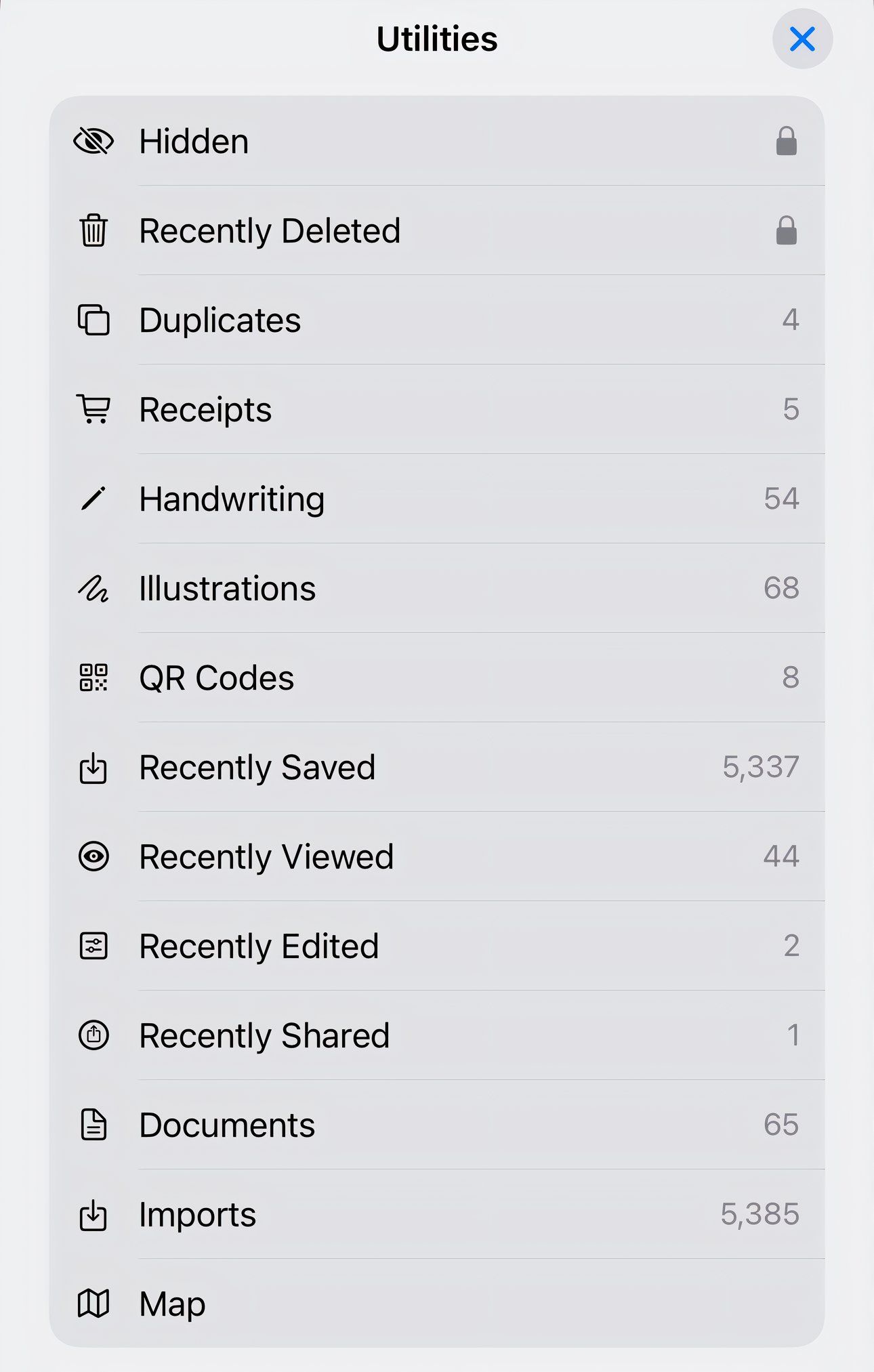 Browsing the Utilities collection in Photos for iPhone.