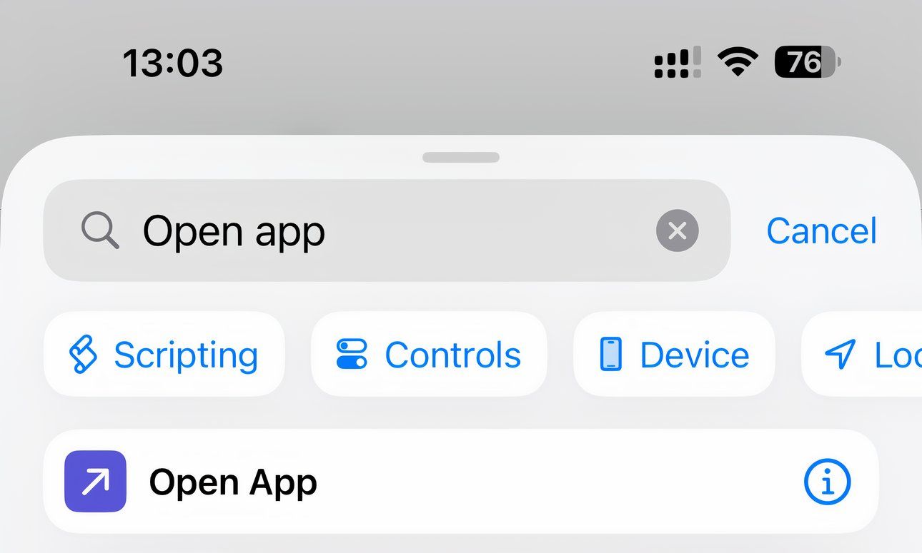 Using search in Shortcuts for iPhone to surface the Open App action.