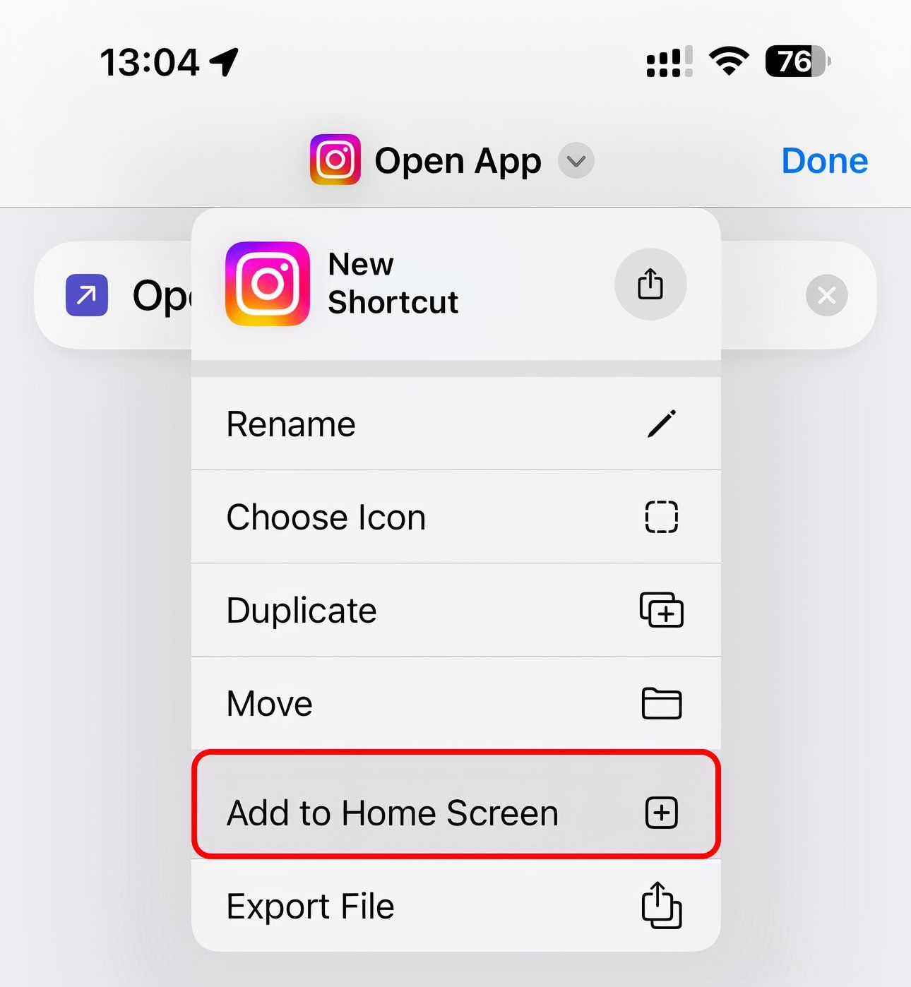 The iPhone's Shortcut app with the Add to Home Screen option highlighted.